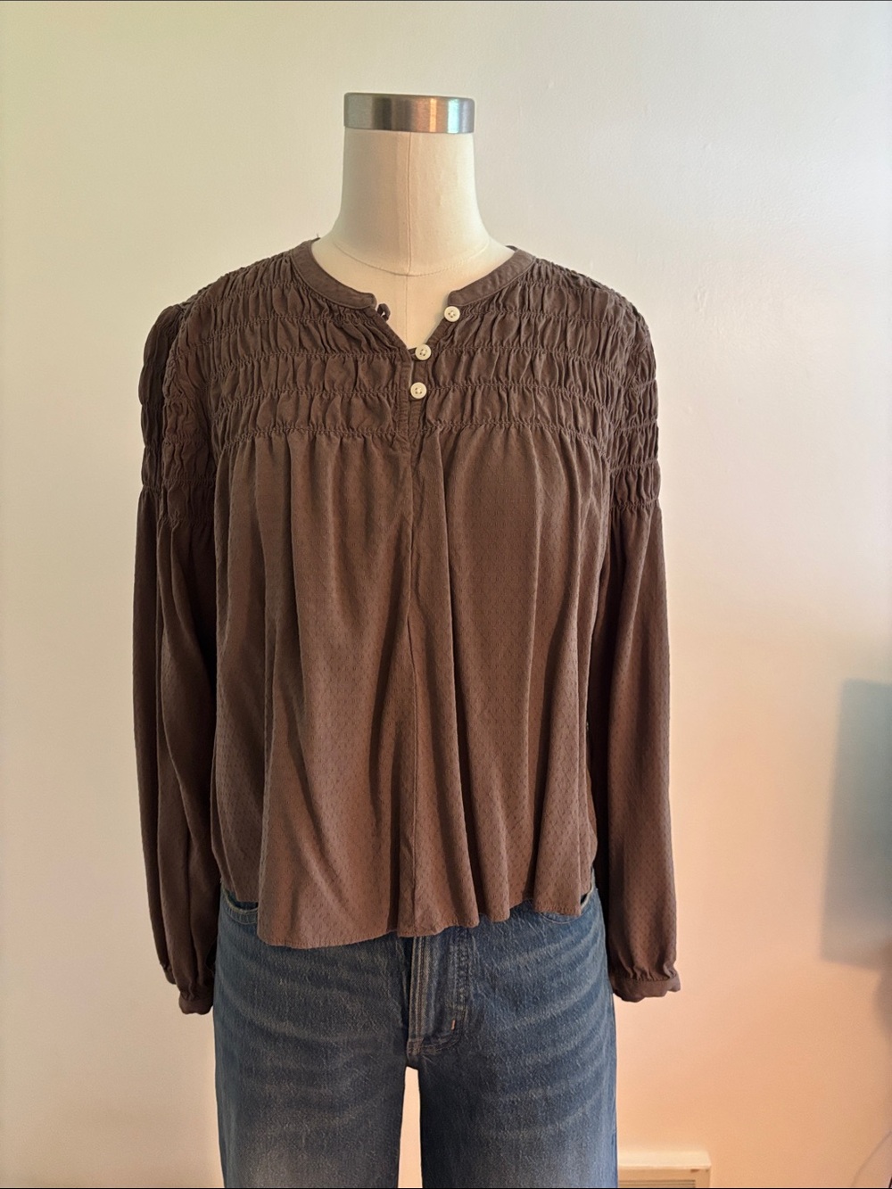 GAP Factory Chocolate Brown Smocked Yoke Henley Blouse